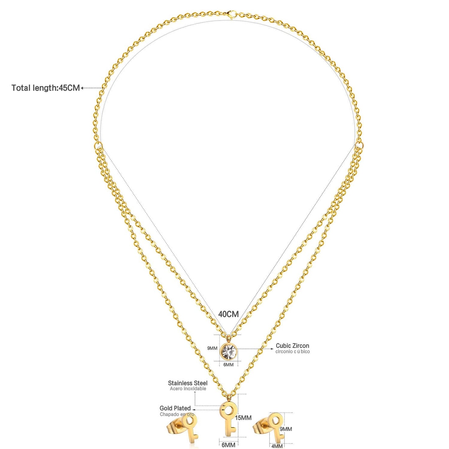 Key Pendant Stainless Steel Necklace Earring Crystal Wedding Bridal Gold Jewelry Set For Women Girls Jewellery Set