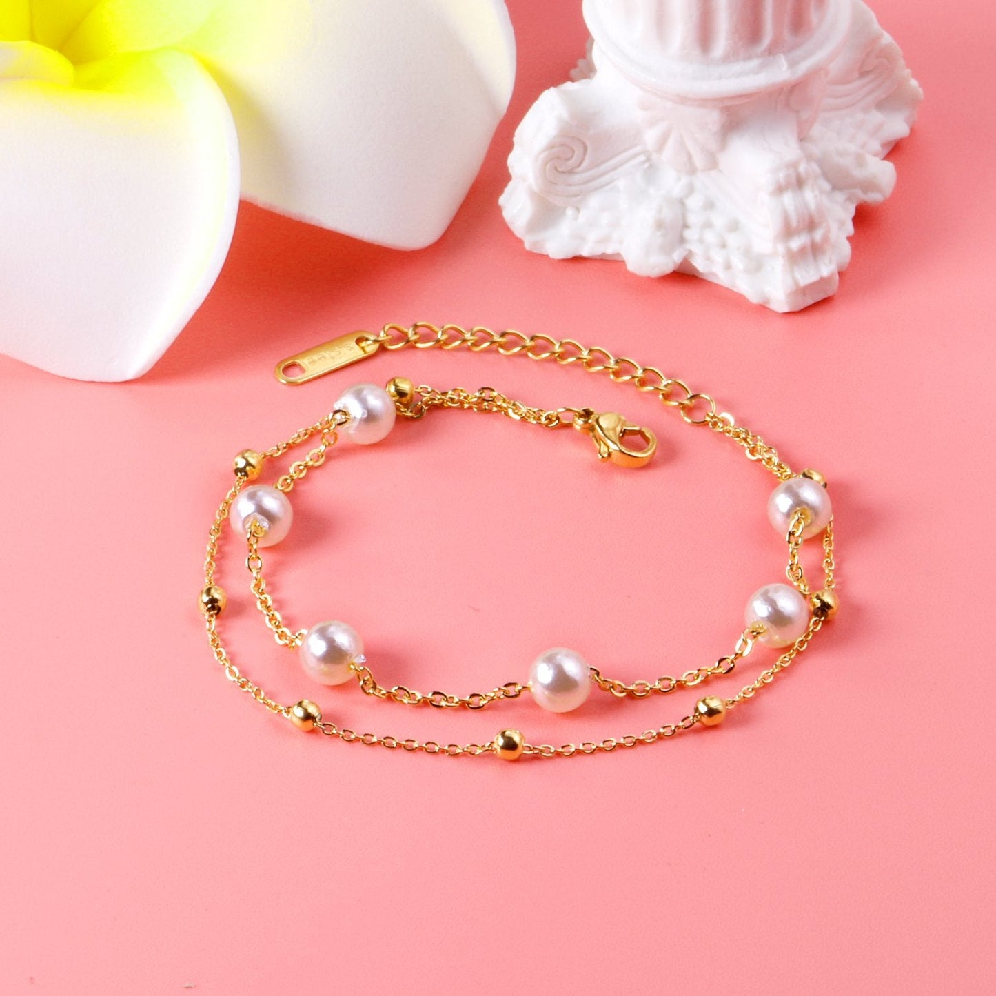 Wholesale Ason Gold Color Steel Ball Imitation Pearl 316L Stainless Steel Bracelet for Women Bangle with Extender Fashion Jewelry