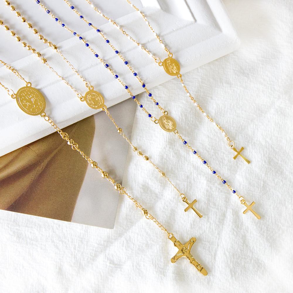 Wholesale Ason Long Scapular Catholic Rosaries Beads Christian Cross Pendant Necklaces Stainless Steel for Women Men Jewelry Chokers
