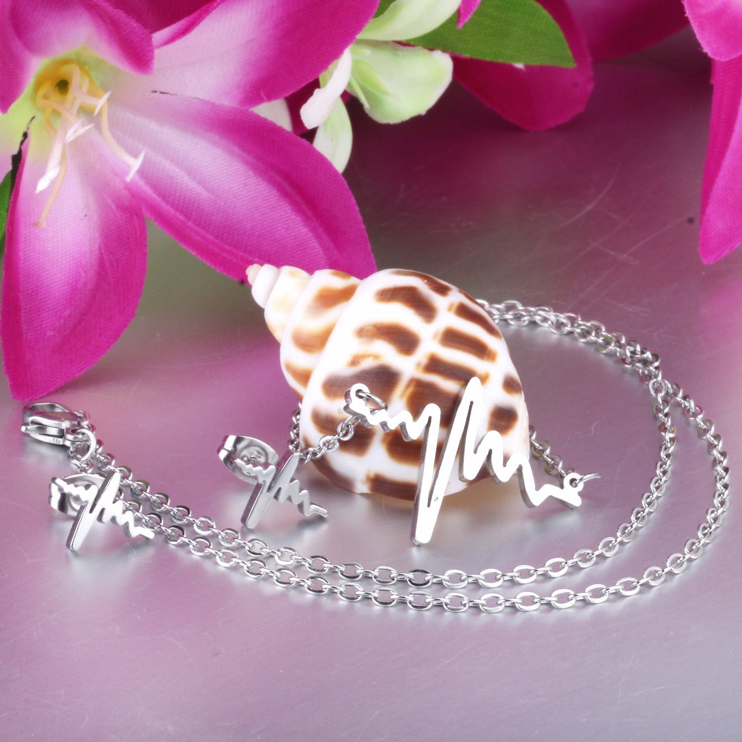 Steel/Gold Current Shape Smooth/Frosted Cut Jewelry Set