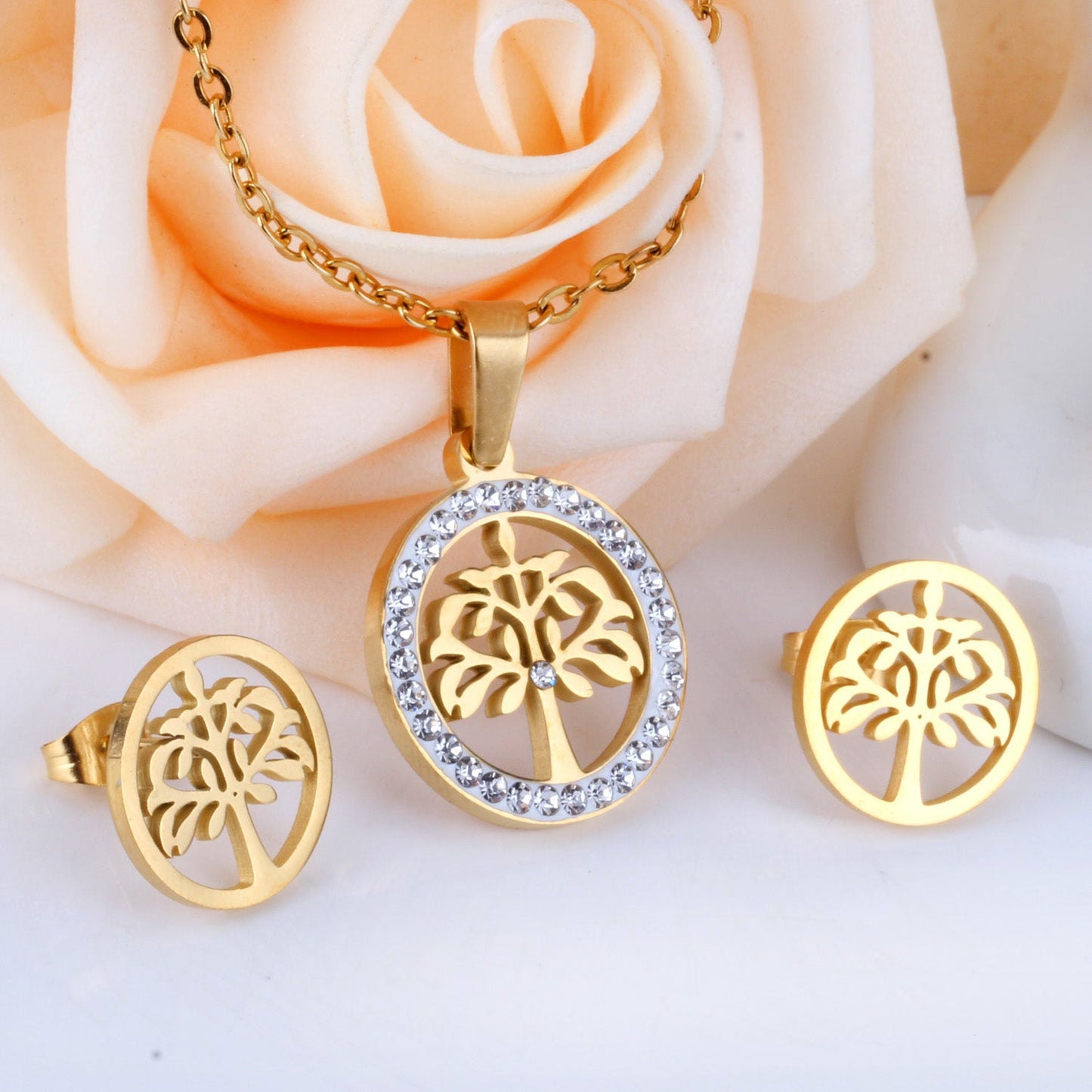 Gold/Steel Round Cut Pattern White Clay Sticky Diamonds Jewelry Set