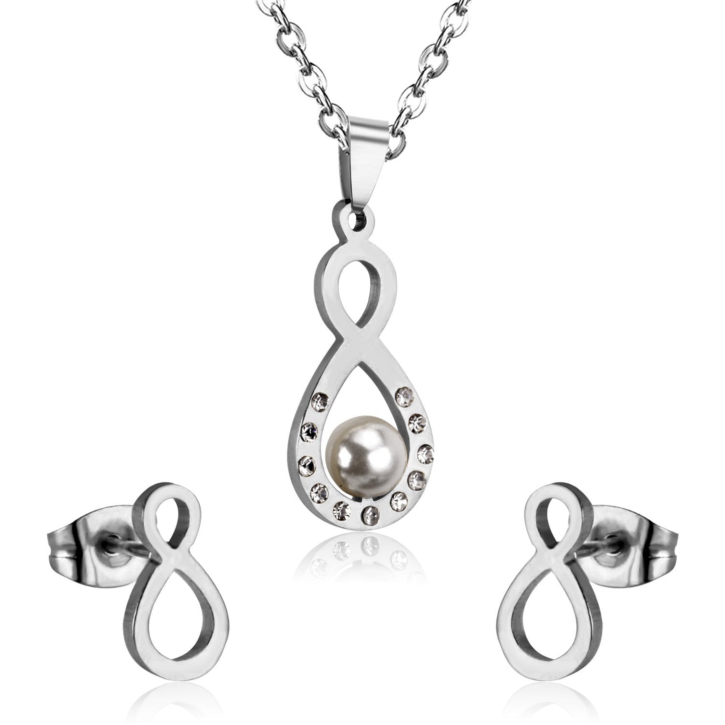 Steel/golden figure 8 cut faceted jewelry set with pearl
