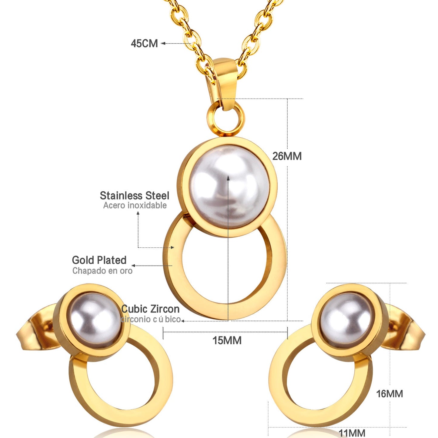 Steel/golden figure 8 shape with pearl + wisp round jewelry set