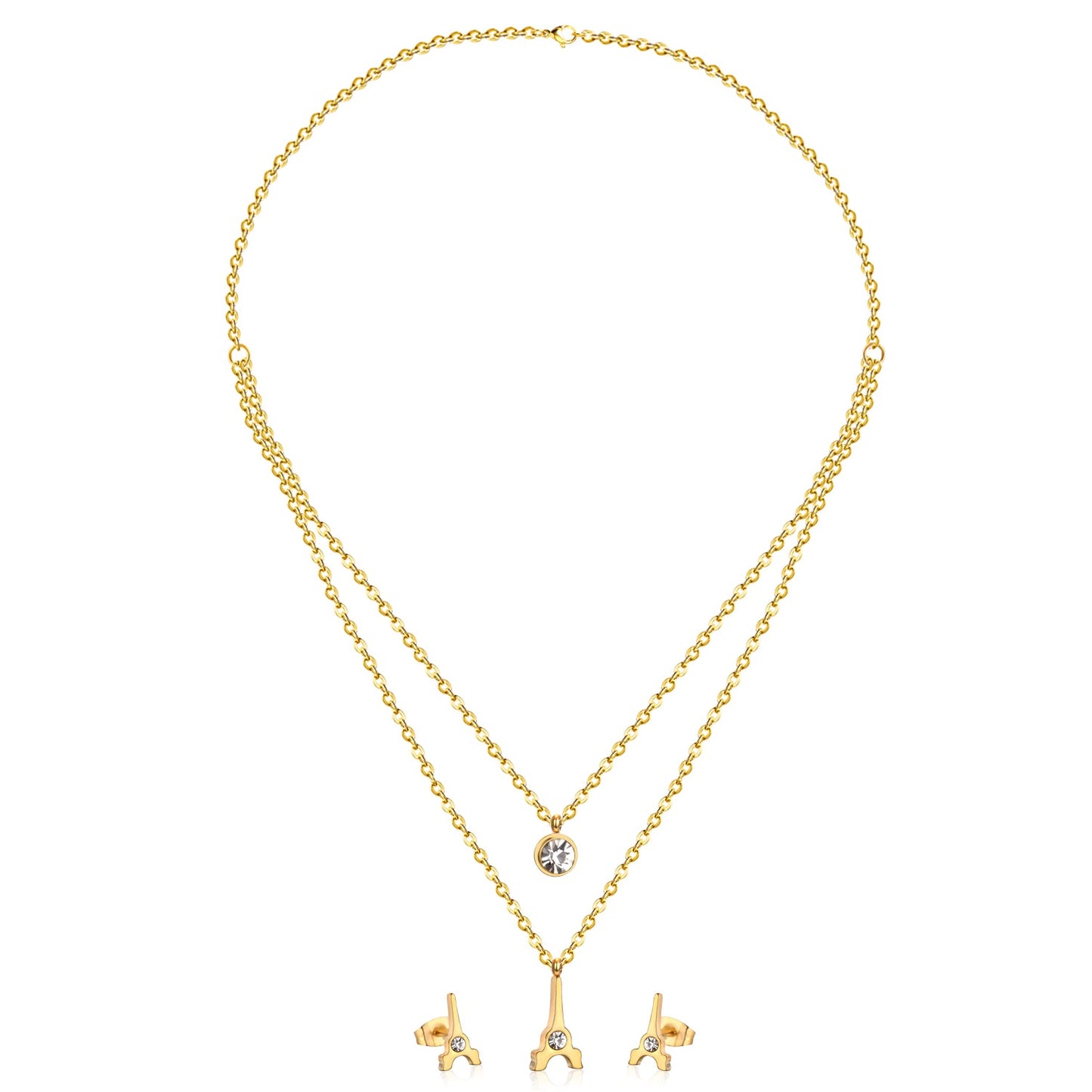 Steel/Golden Diamonds Scissors Shape Double Chain Pendant Jewelry Set with Diamonds in the Middle