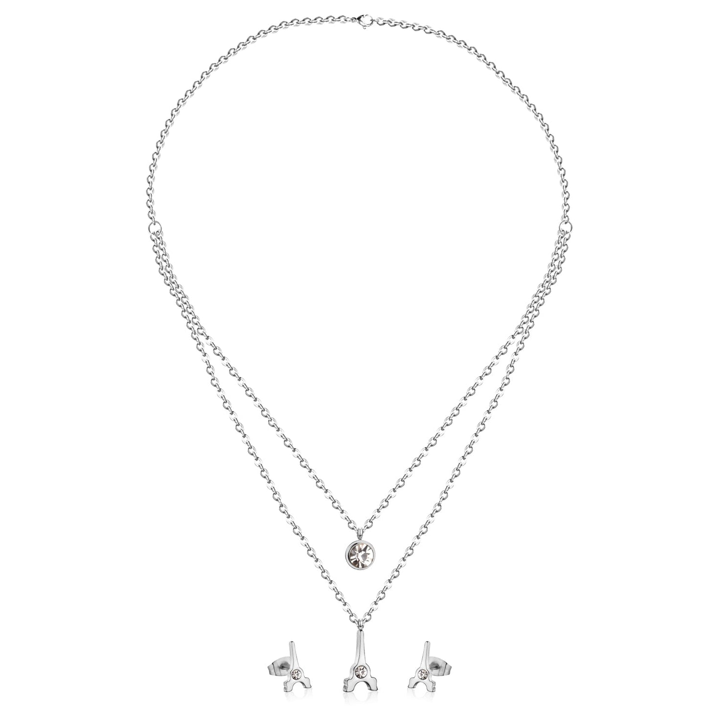 Steel/Golden Diamonds Scissors Shape Double Chain Pendant Jewelry Set with Diamonds in the Middle