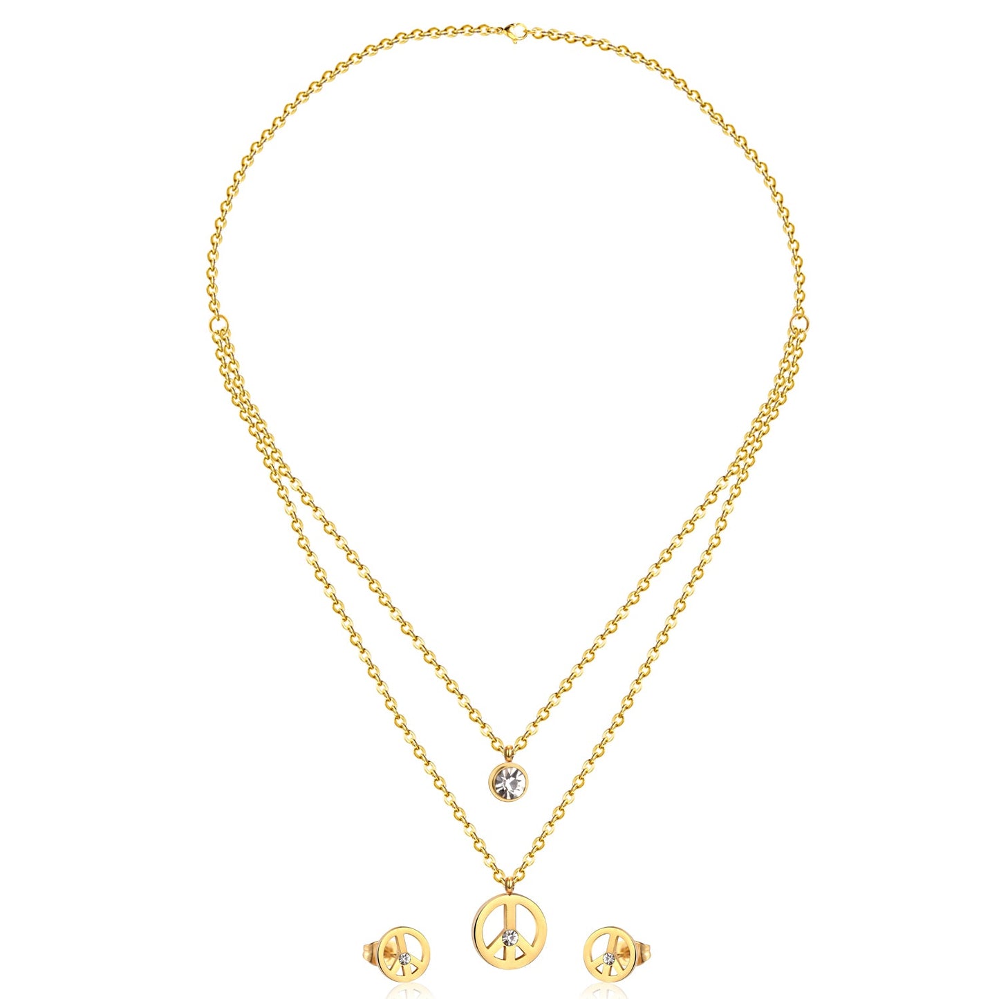Steel/golden double chain pendant jewelry set with diamonds in the form of a round bridge stand + diamonds on one chain