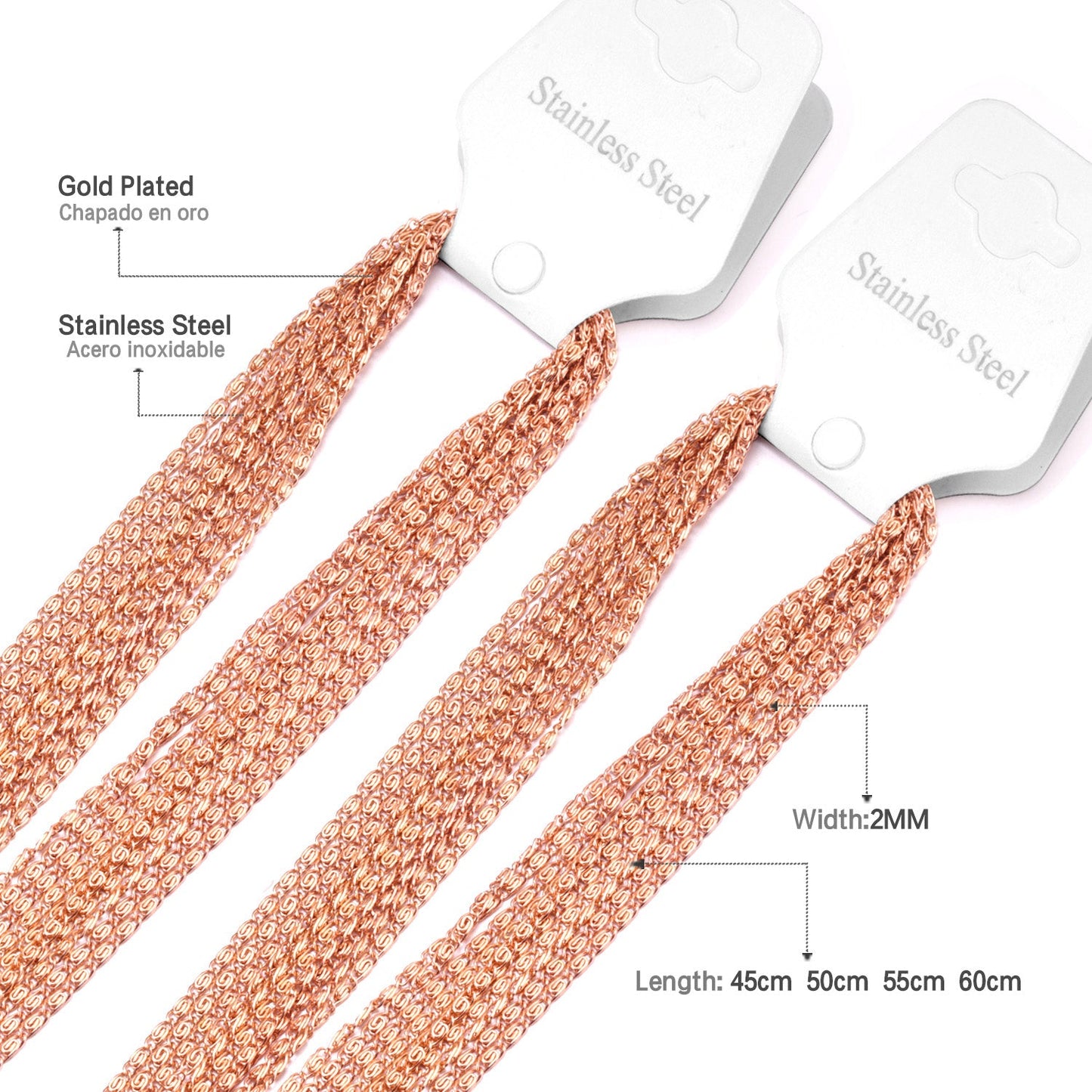ASON 10pcs / 2mm*45cm 50cm 55cm 60cm U-Shape Stainless Steel Chains