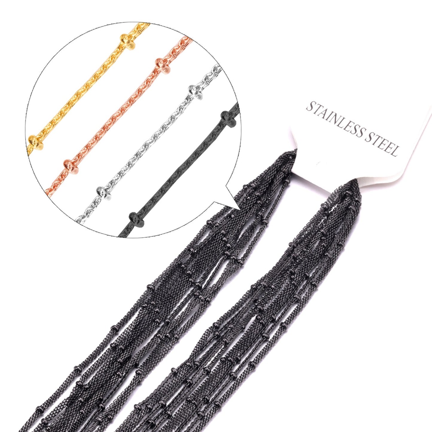 ASON 10pcs / 2mm*45cm 50cm 55cm 60cm Flat Mesh & Beads Stainless Steel with Chains
