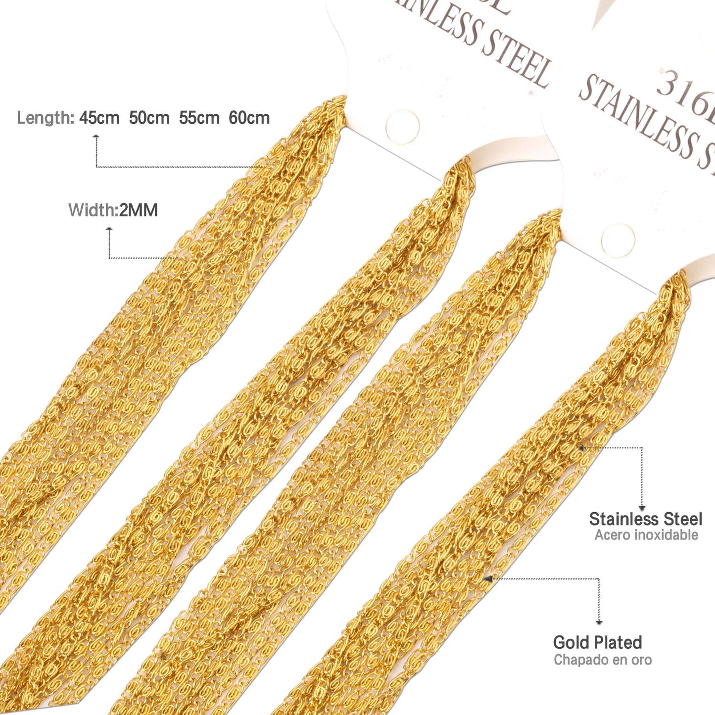ASON 10pcs / 2mm*45cm 50cm 55cm 60cm U-Shape Stainless Steel Chains