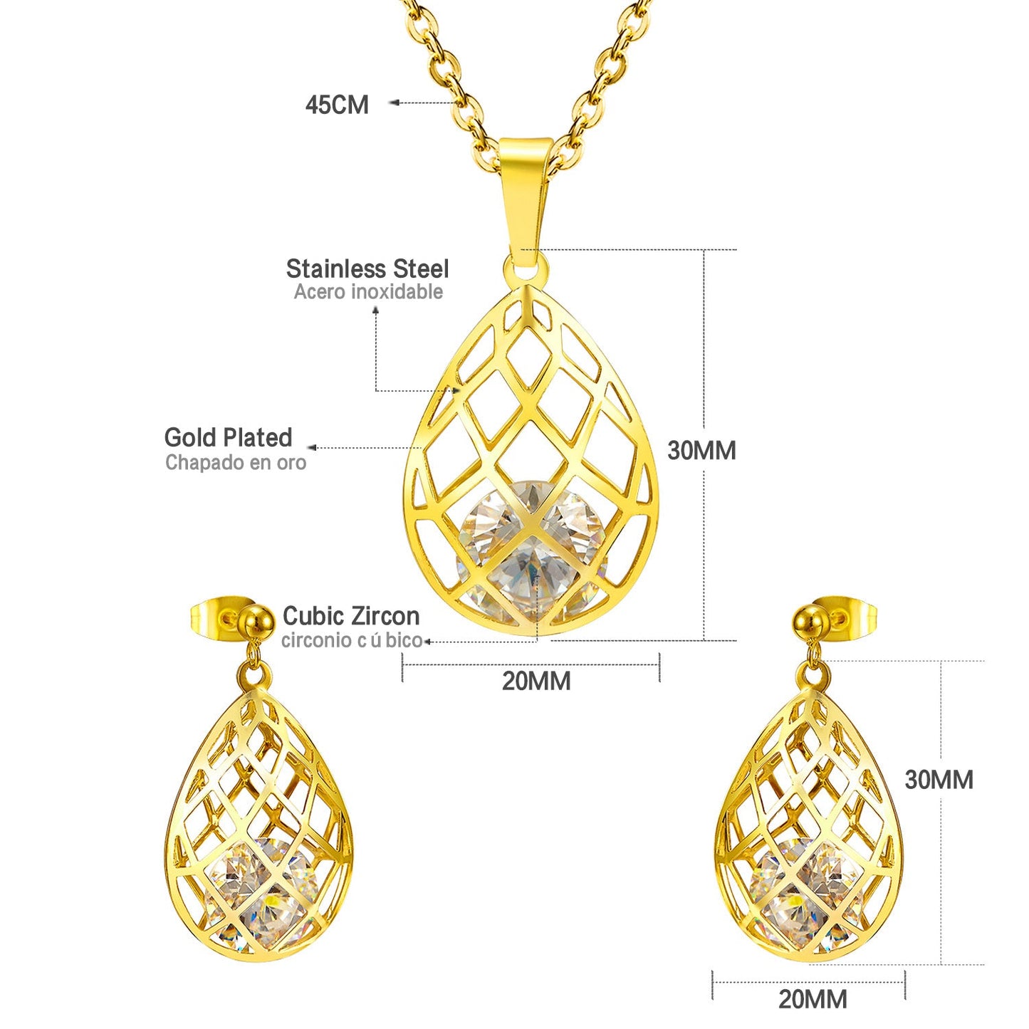 Gold/steel emery mesh hollowed out teardrop interior + diamond jewelry set