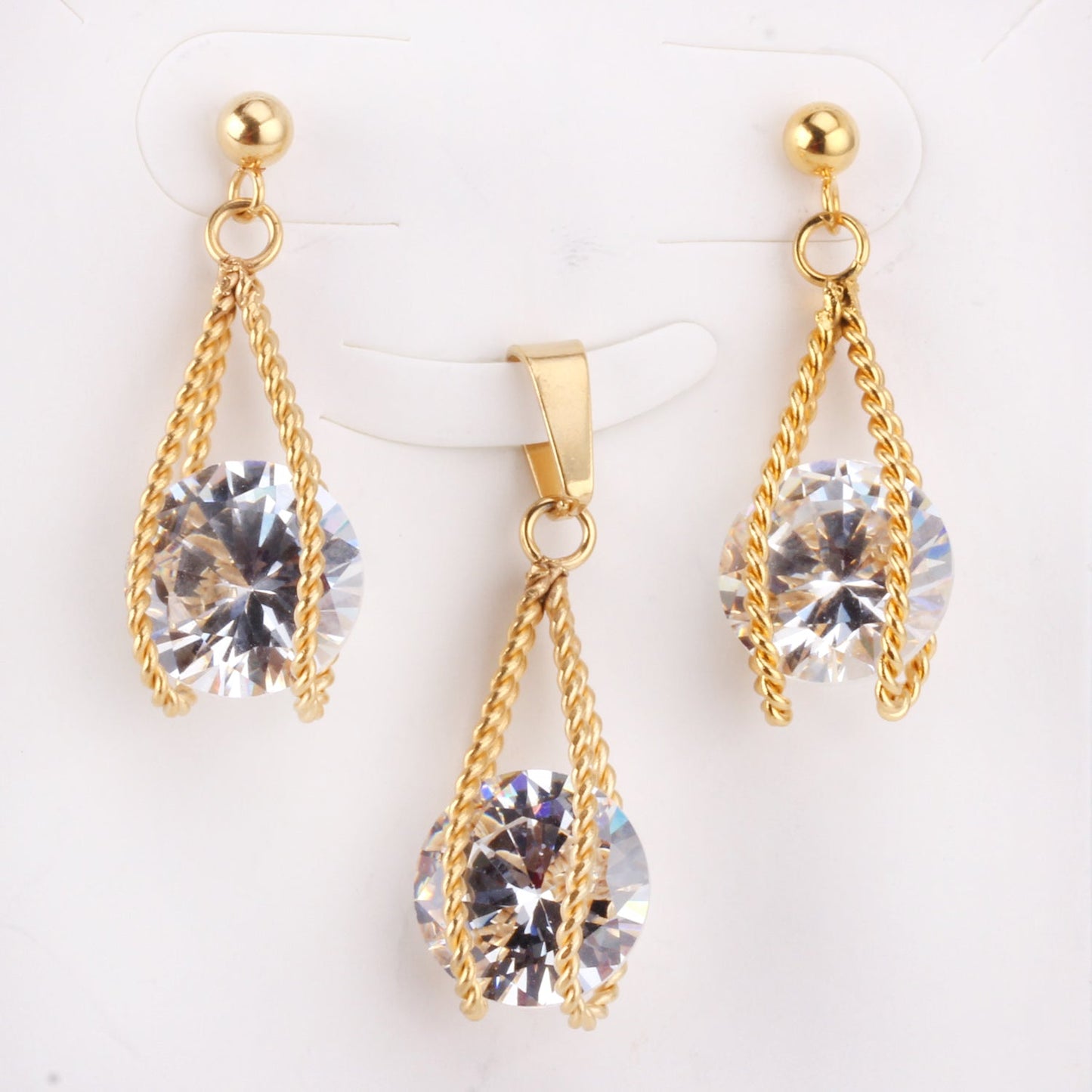 Steel/Gold Simple with Oversized Diamond Pendant Jewelry Set