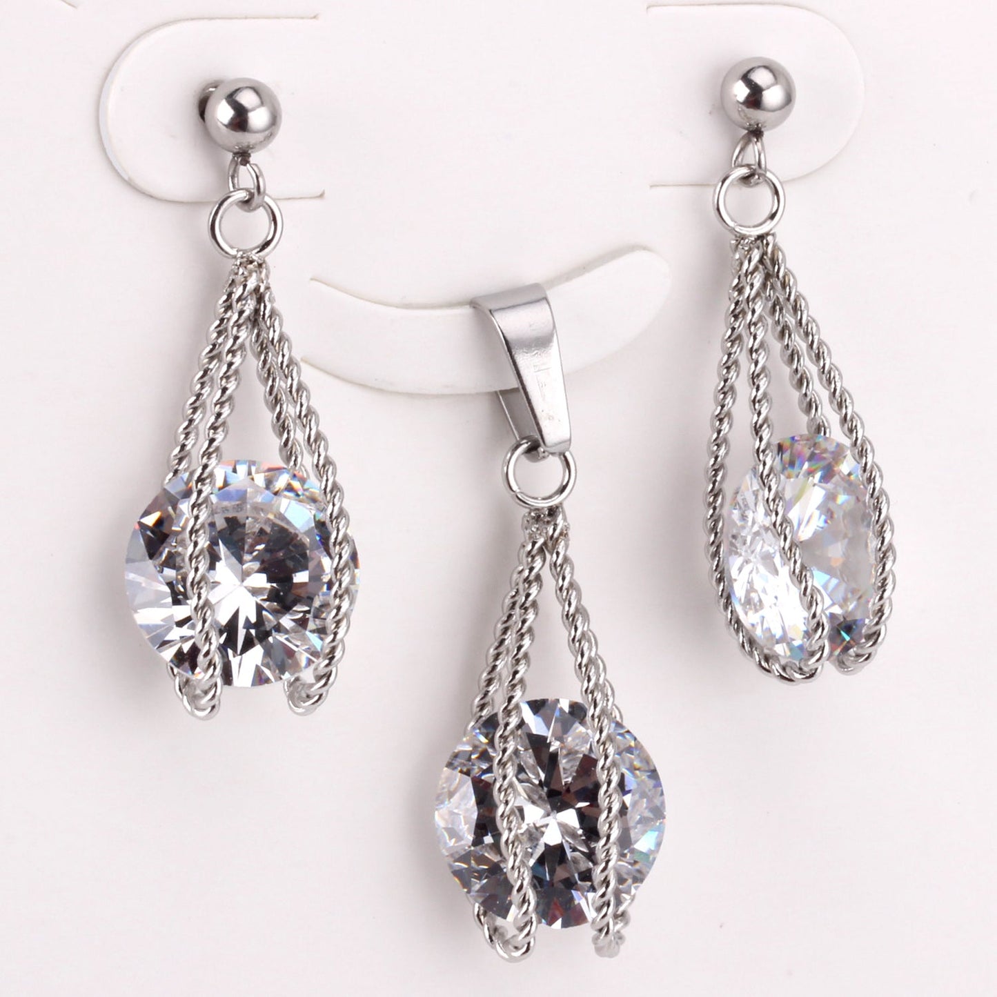 Steel/Gold Simple with Oversized Diamond Pendant Jewelry Set