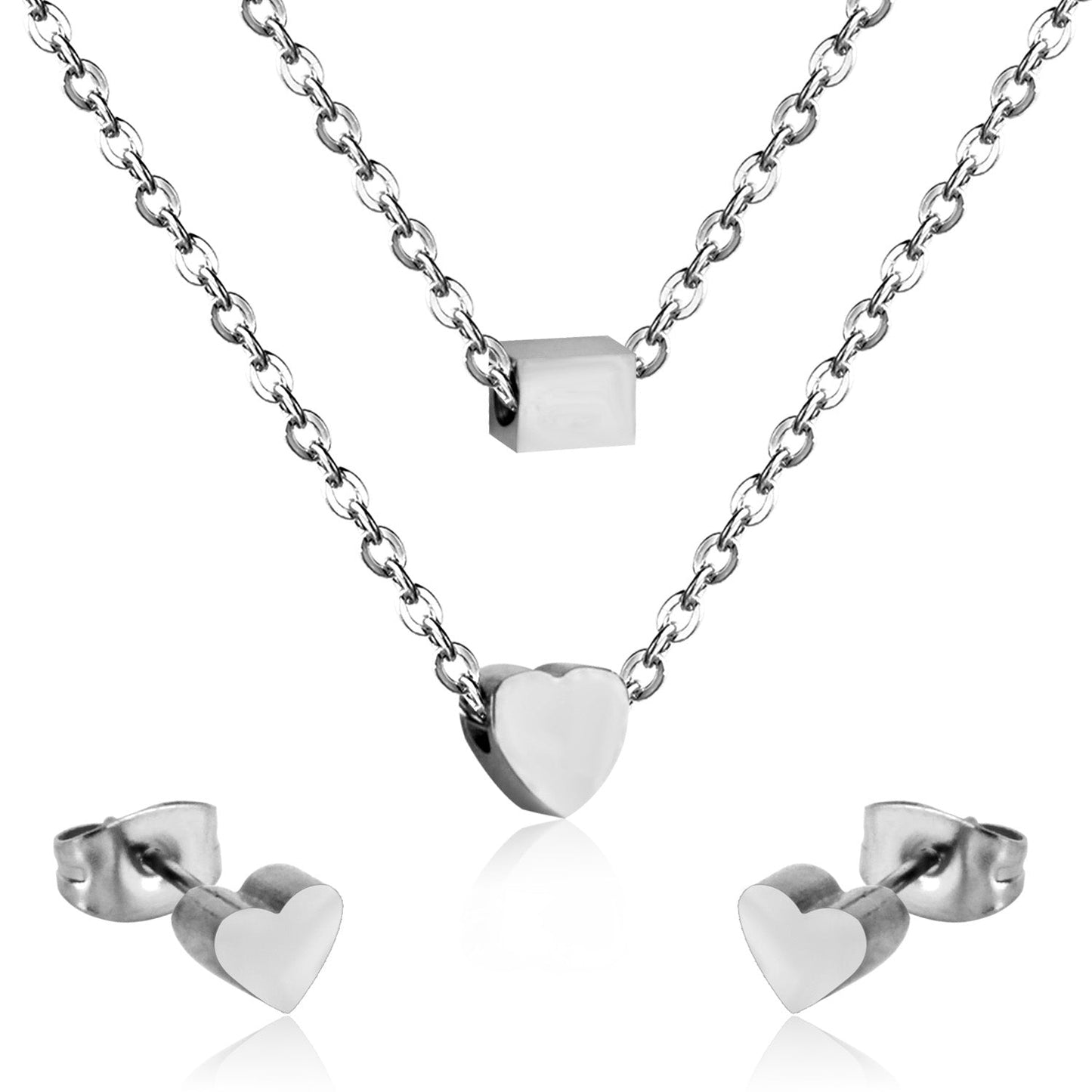Gold/steel two-chain pendant jewelry set with rectangle and heart shapes