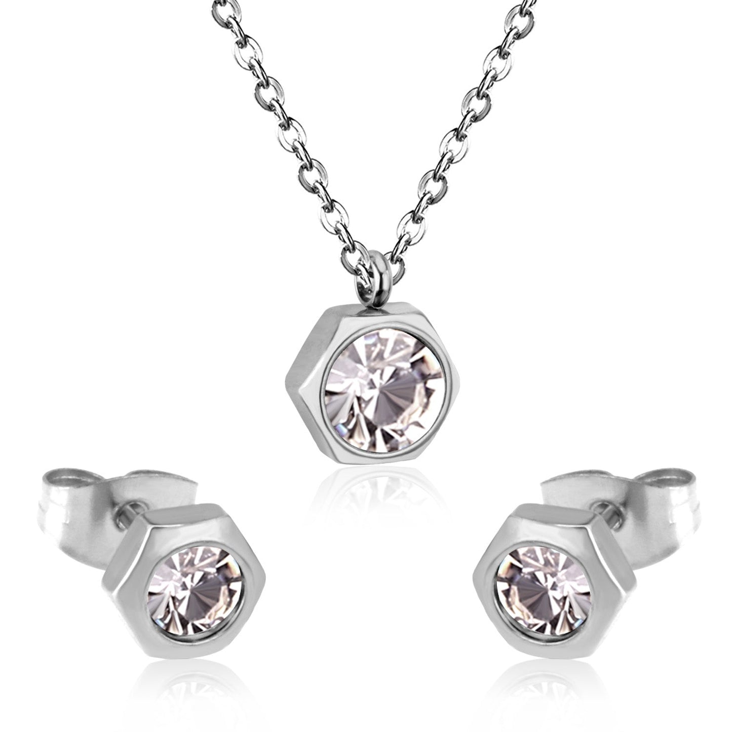Gold/Steel Hexagon Jewelry Set with Diamonds in the Middle