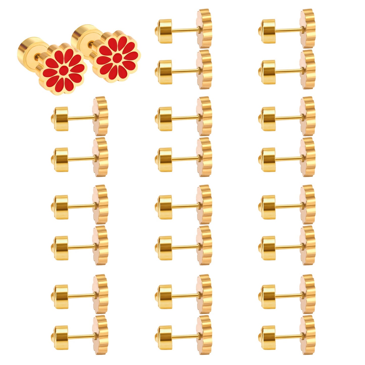 12 pairs 9mm Steel/Golden Flower Colorful/Dark Red Pat Plug Earrings