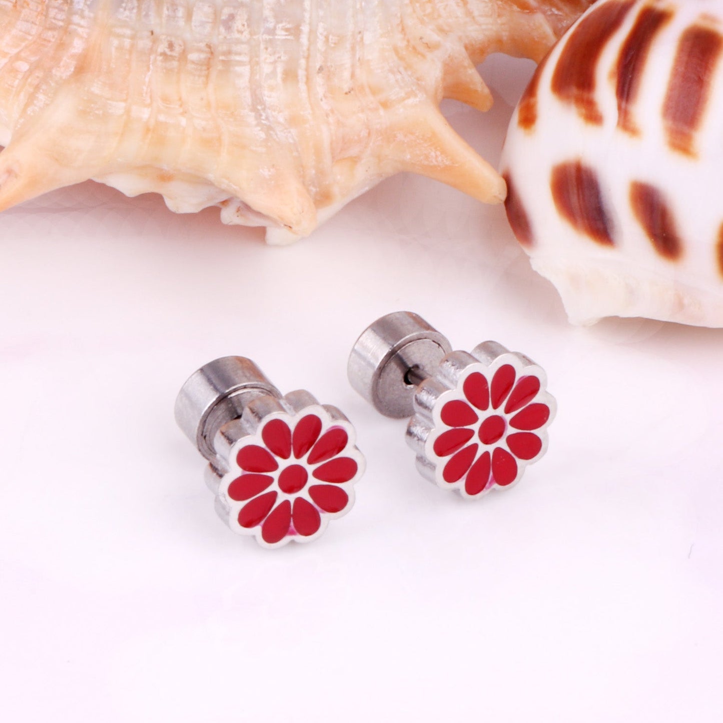 12 pairs 9mm Steel/Golden Flower Colorful/Dark Red Pat Plug Earrings