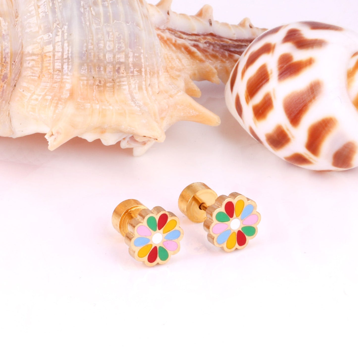 12 pairs 9mm Steel/Golden Flower Colorful/Dark Red Pat Plug Earrings