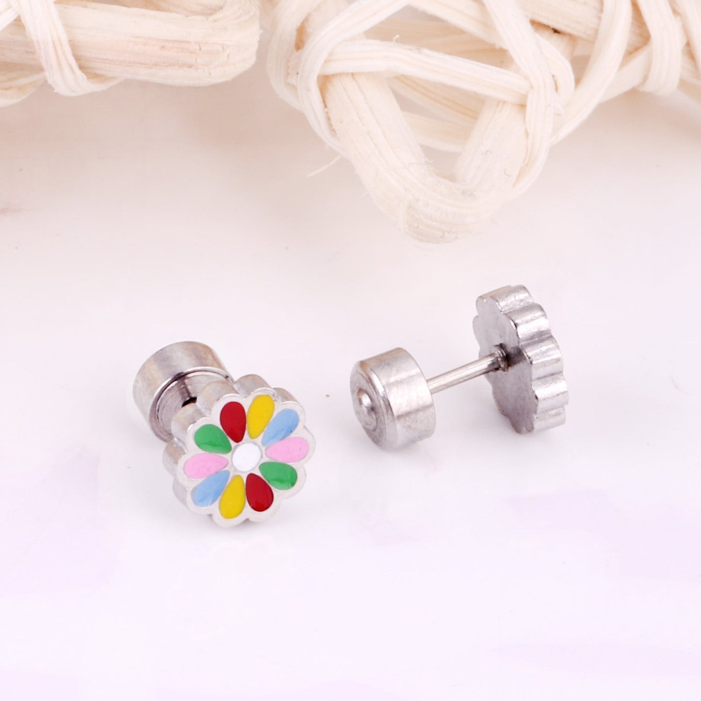 12 pairs 9mm Steel/Golden Flower Colorful/Dark Red Pat Plug Earrings
