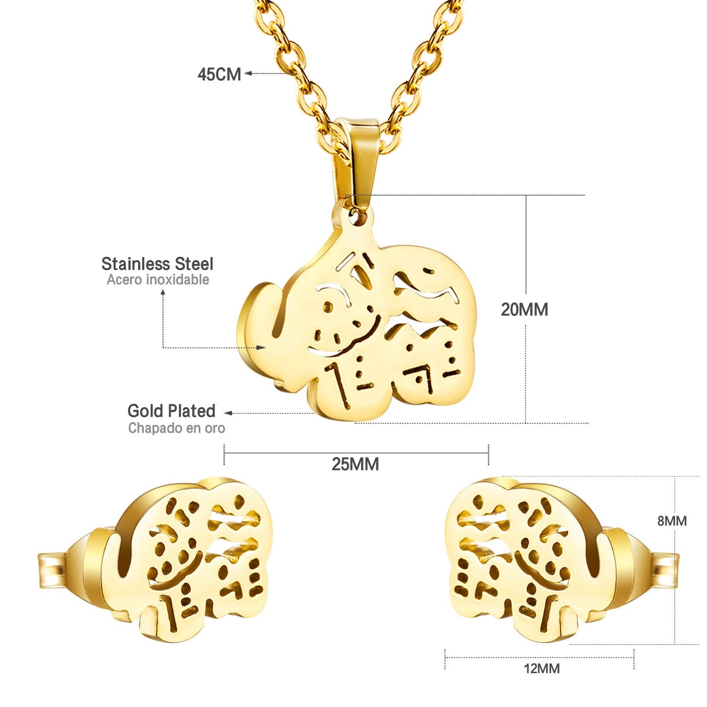 Gold/steel Elephant Shape Smooth Wisps Cut Jewelry Set without Diamonds