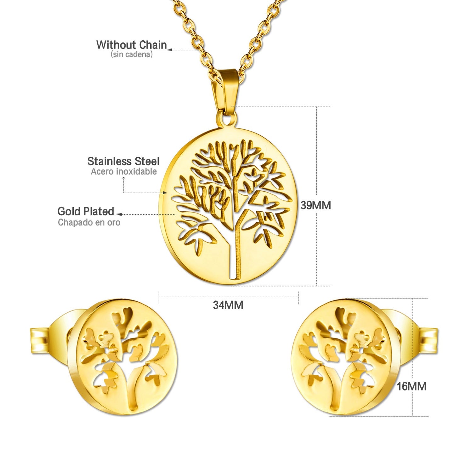 Gold/steel color jewelry set with a smooth surface and a hollow center in the shape of a tree.