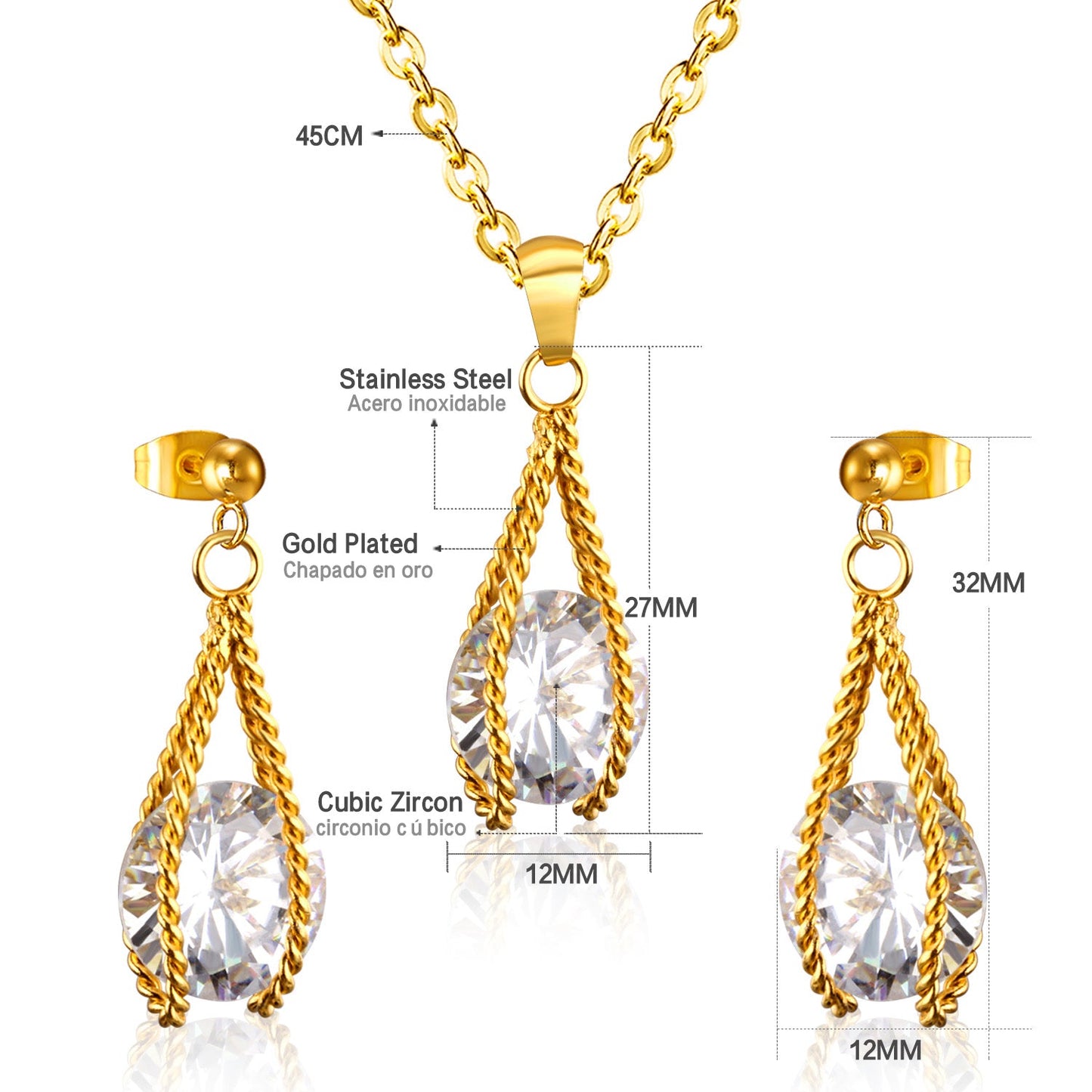 Steel/Gold Simple with Oversized Diamond Pendant Jewelry Set
