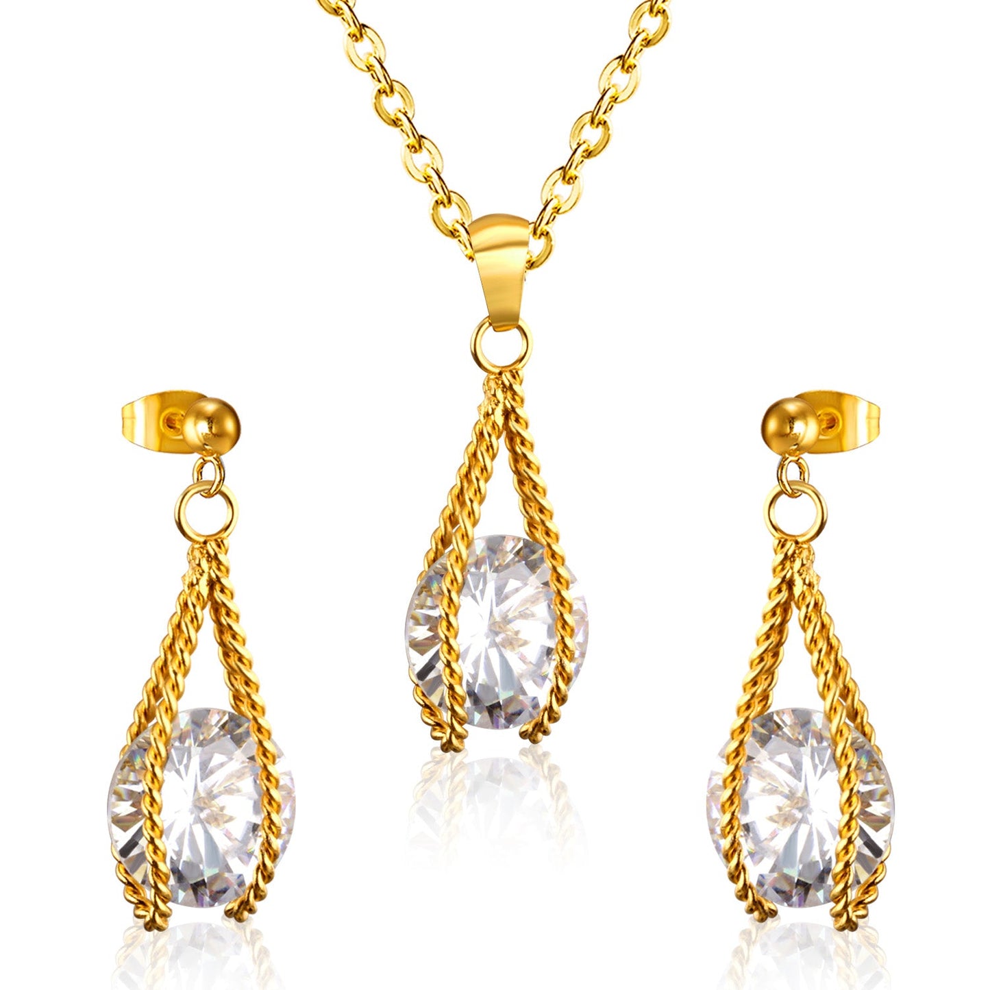 Steel/Gold Simple with Oversized Diamond Pendant Jewelry Set