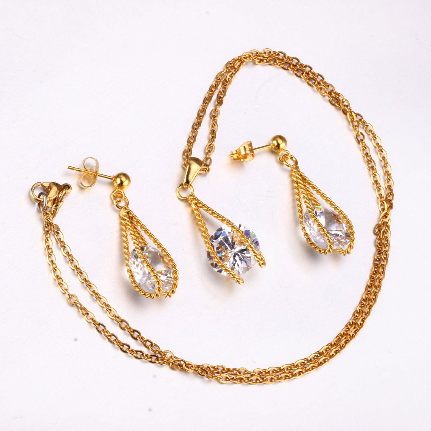 Steel/Gold Simple with Oversized Diamond Pendant Jewelry Set