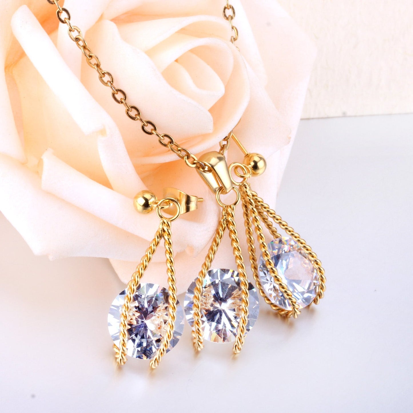 Steel/Gold Simple with Oversized Diamond Pendant Jewelry Set