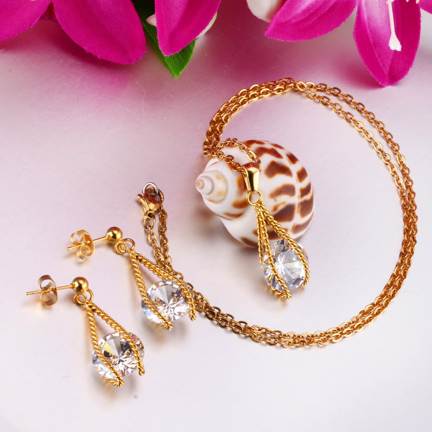 Steel/Gold Simple with Oversized Diamond Pendant Jewelry Set