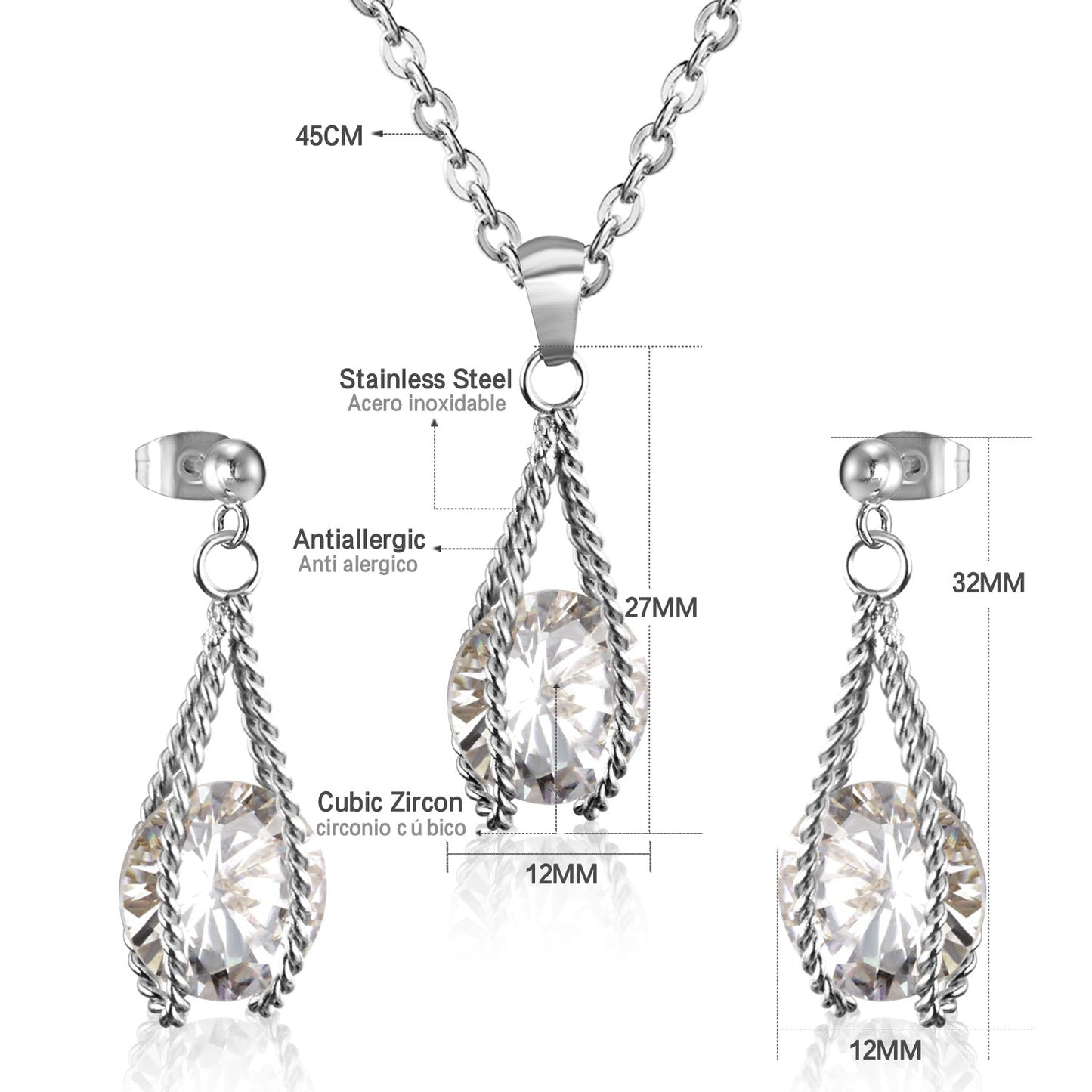 Steel/Gold Simple with Oversized Diamond Pendant Jewelry Set