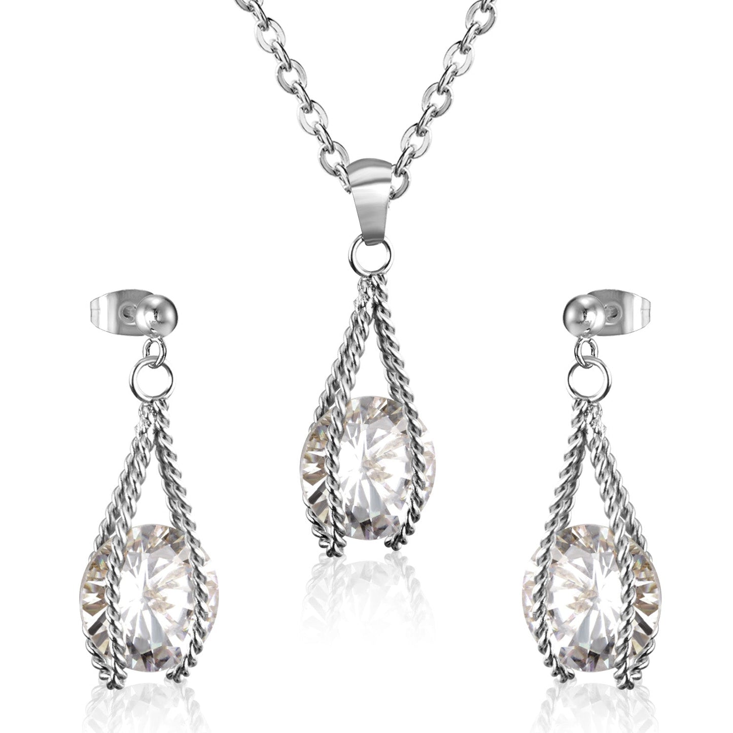 Steel/Gold Simple with Oversized Diamond Pendant Jewelry Set