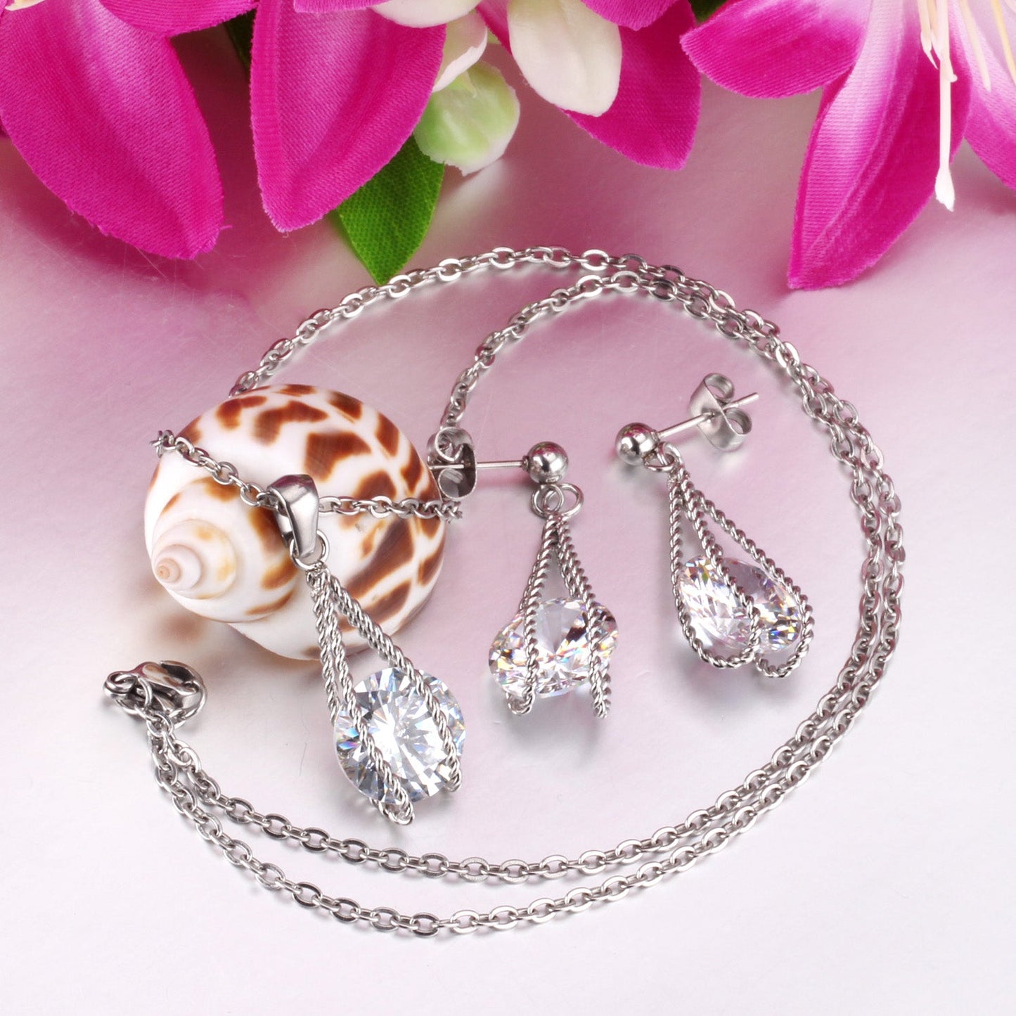 Steel/Gold Simple with Oversized Diamond Pendant Jewelry Set