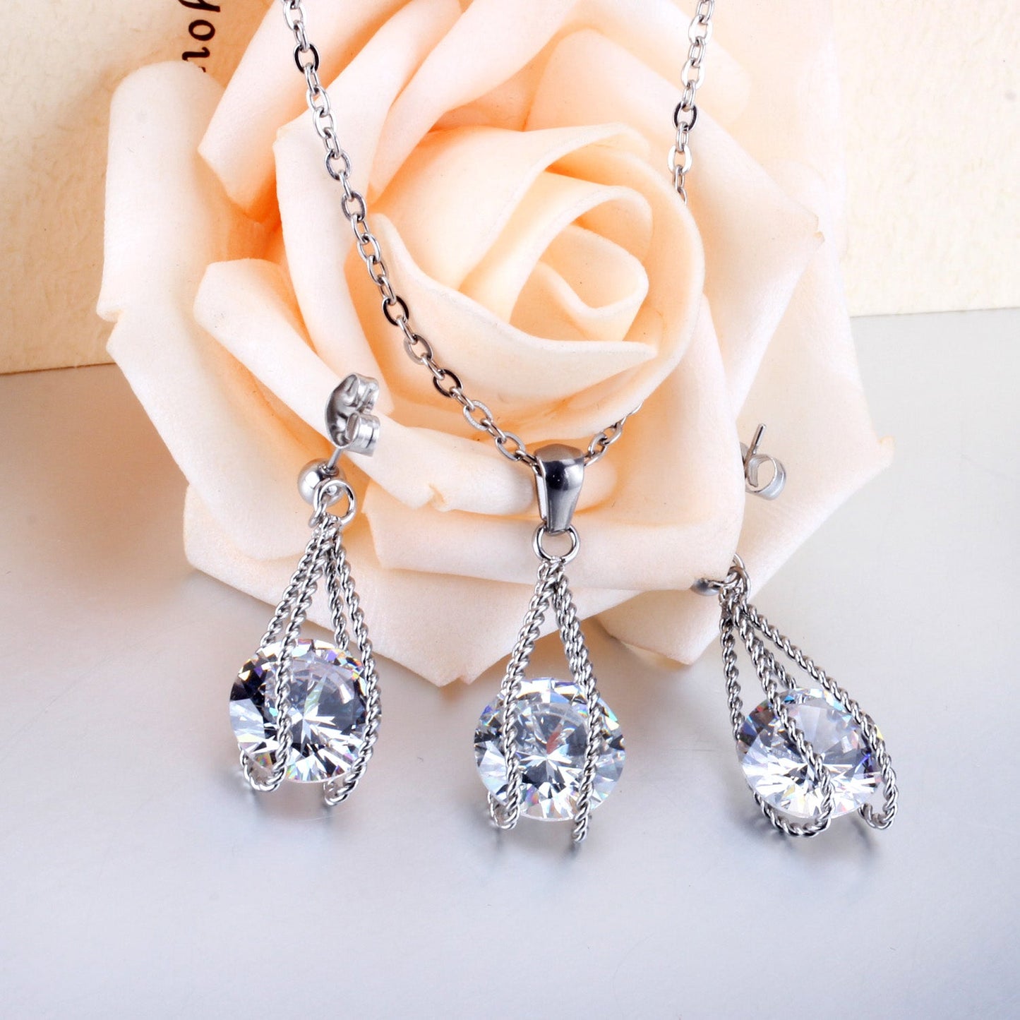 Steel/Gold Simple with Oversized Diamond Pendant Jewelry Set