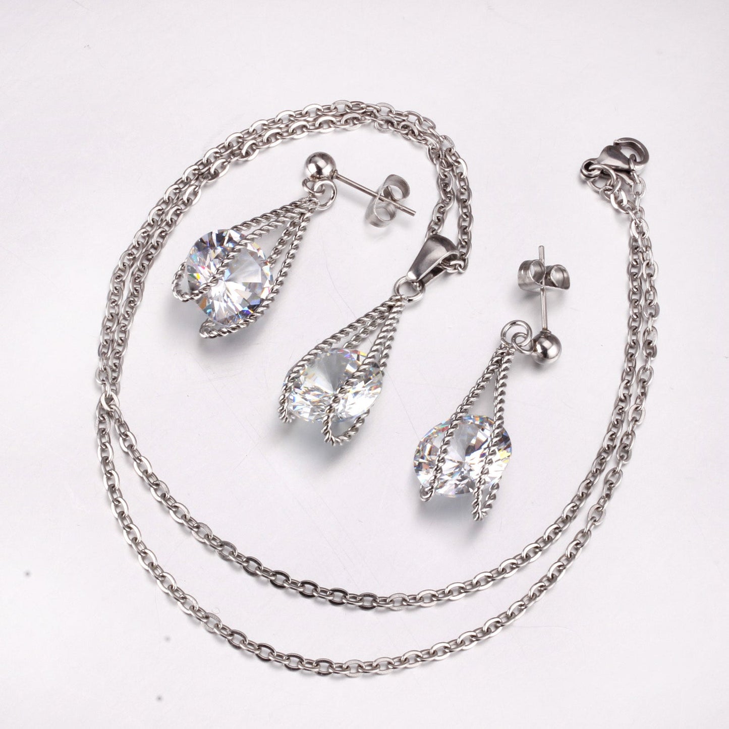 Steel/Gold Simple with Oversized Diamond Pendant Jewelry Set