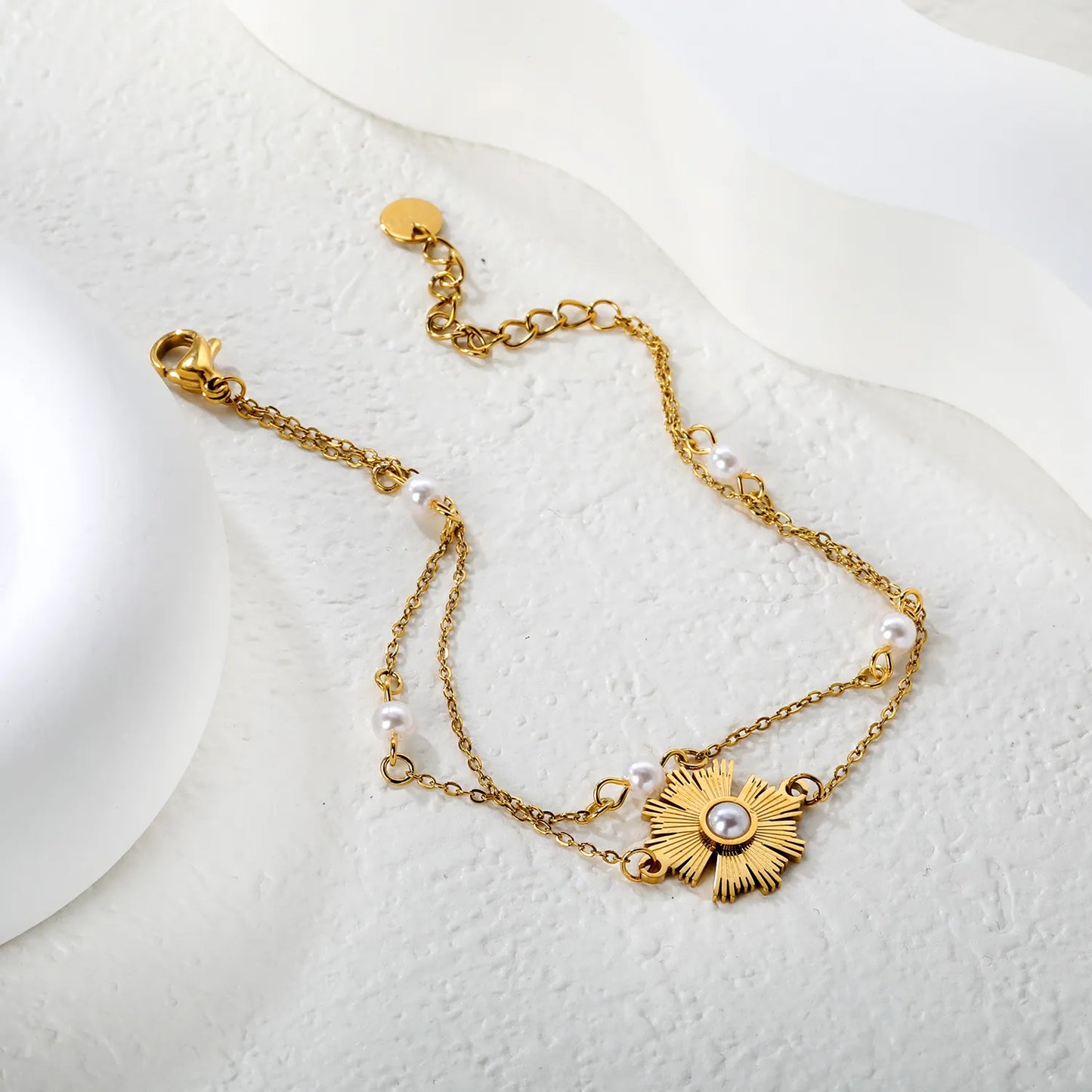 Wholesale Gold Plated Stainless Steel Pearl Flower Bracelet | Double Chain Sunburst Design | Bulk Jewelry Supplier