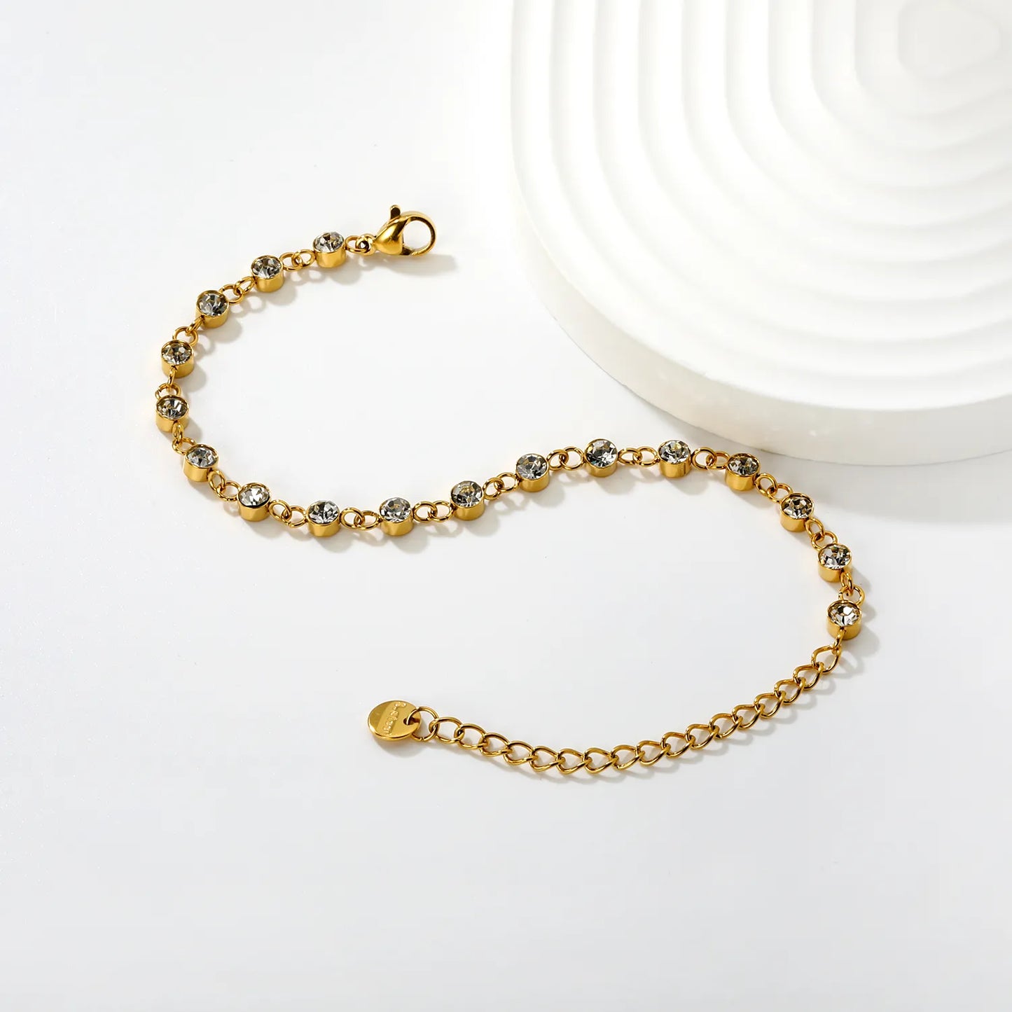 Wholesale Zircon Inlaid Bracelet | 4mm White Zirconia Stones | 16+5cm Gold Plated Chain | Stainless Steel Dress Jewelry