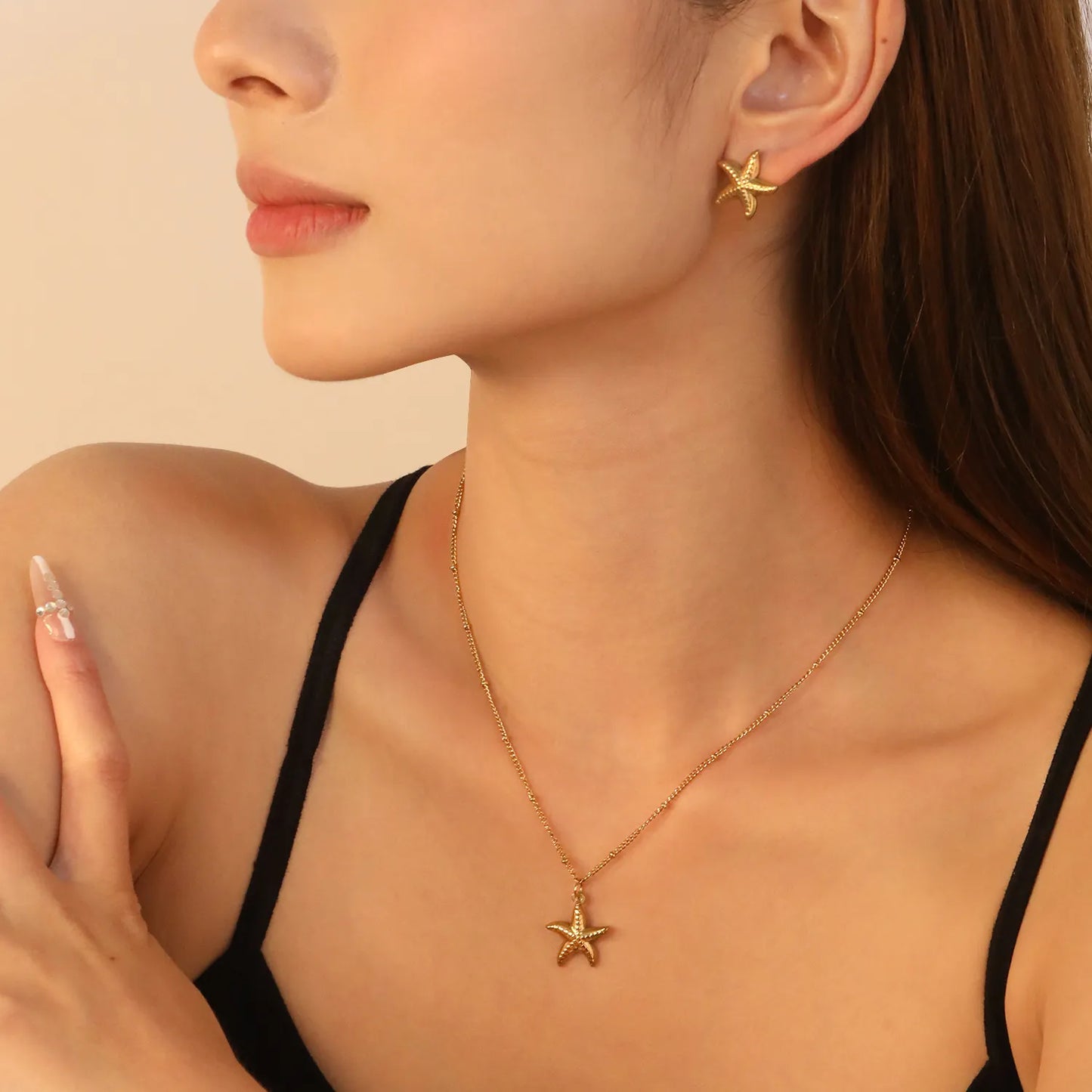 ✨ Wholesale Starfish Set: Gold Earrings & Pendant | 40+5cm Chain