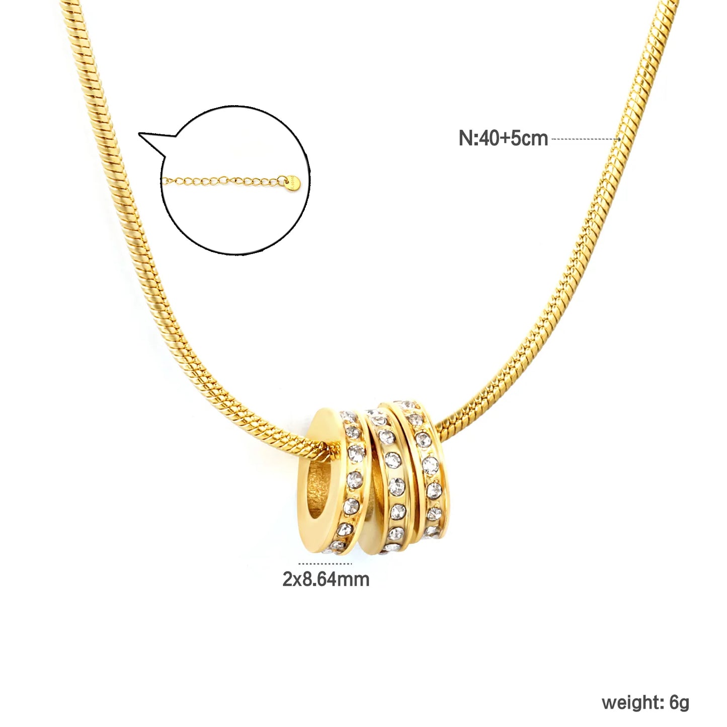 Hollow Three-rings Pendant with Rhinestones 1.2mm Round Snake Chain 45cm Necklace with Round Tag for Wholesale