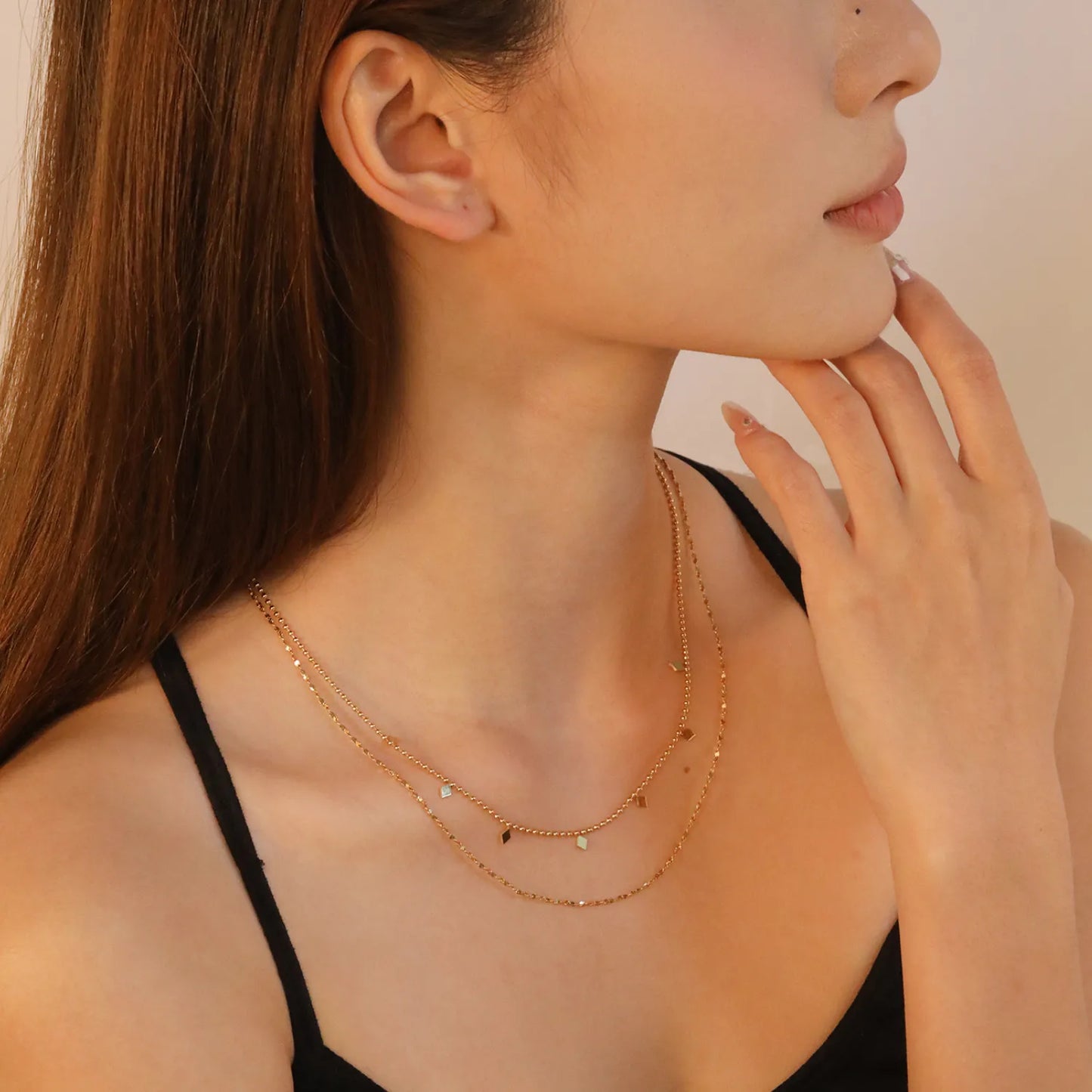 ✨ Wholesale Geometric Dual Chain Necklace | Bead+Stardust 40+5cm Gold
