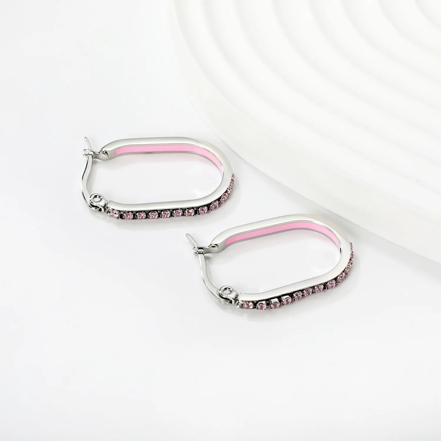 Wholesale Crystal Oval Hoop Earrings Pink Rhinestone Silver-Plated Finish Premium Stainless Steel | 2.26*22mm Size | MOQ 12+