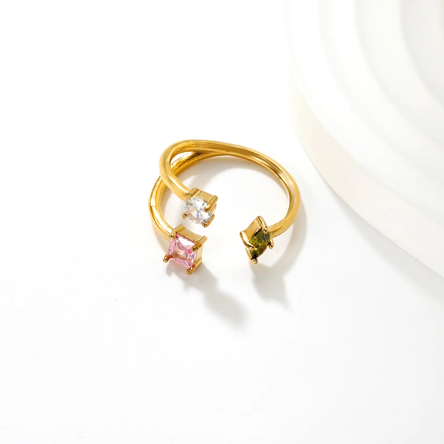 Wholesale 3-Stone Open Ring | Square Pink/Round White/Oval Green Zircon | 12mm High Size 7 | Gold Plated Stackable Ring