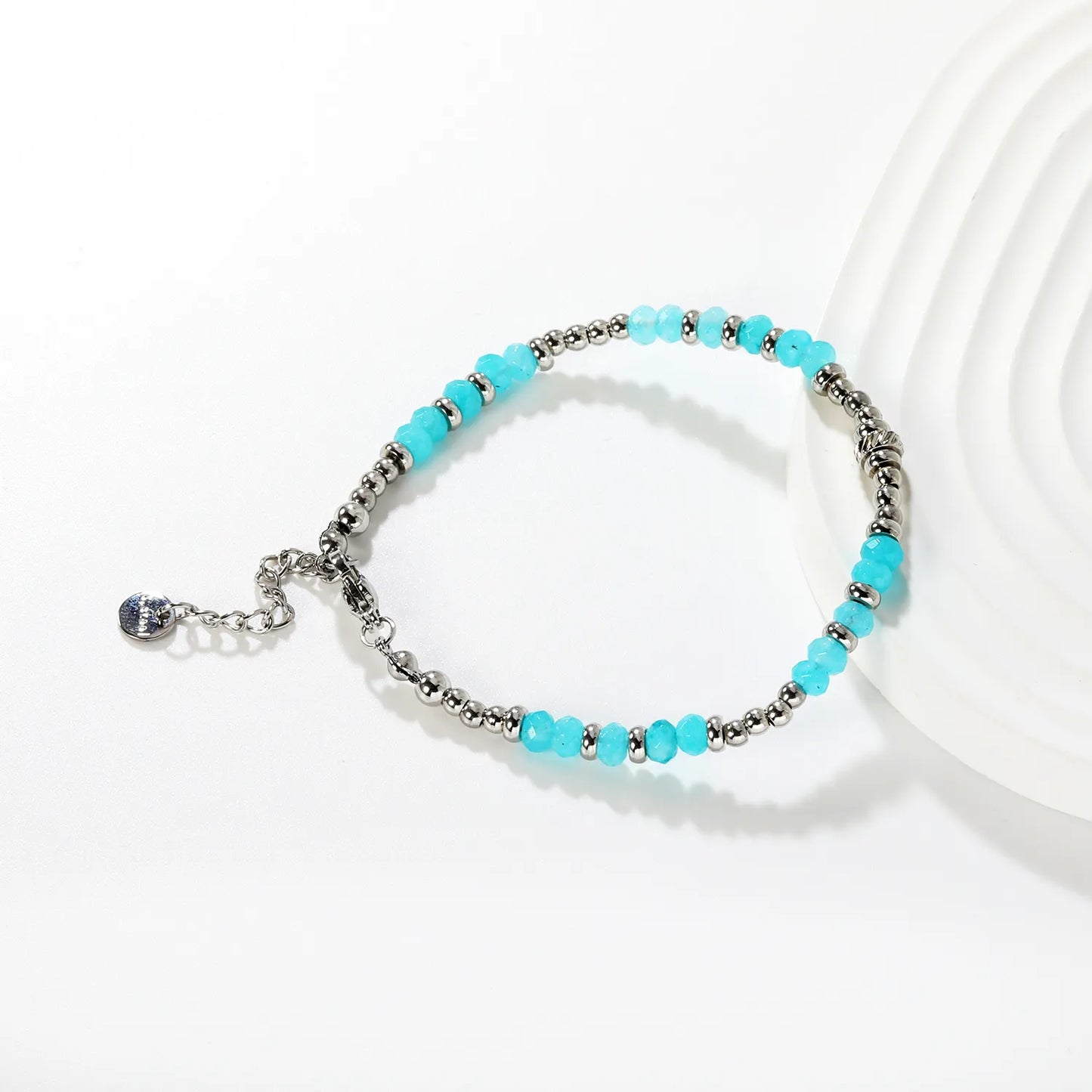 ✨ Wholesale Sky Blue Gem Bracelet | Steel Grey Bead & Blue Stone Design | 18+3cm Adjustable Stainless Steel Chain | Modern Unisex Jewelry