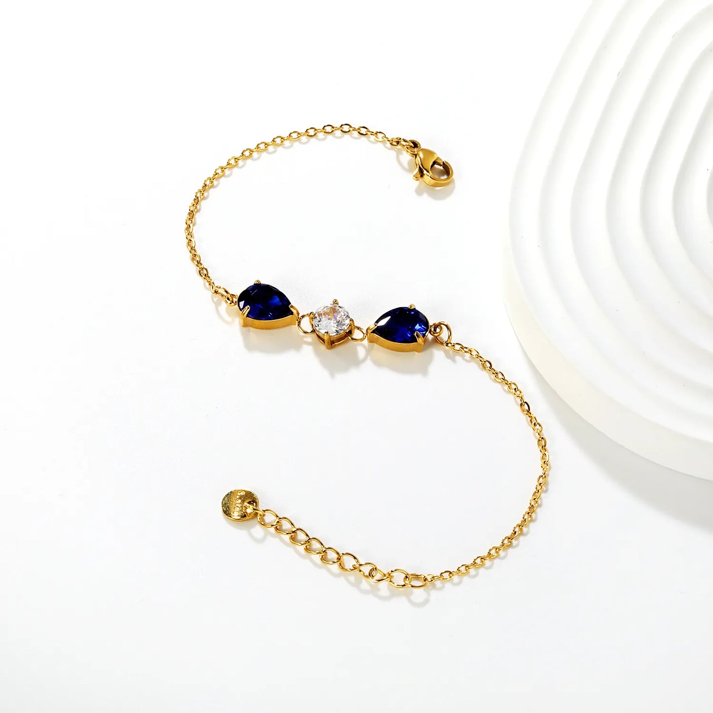 ✨💎 Wholesale Teardrop & Round Zircon Bracelet | 7x9mm White/Blue Zirconia 18+3cm Gold Plated Chain