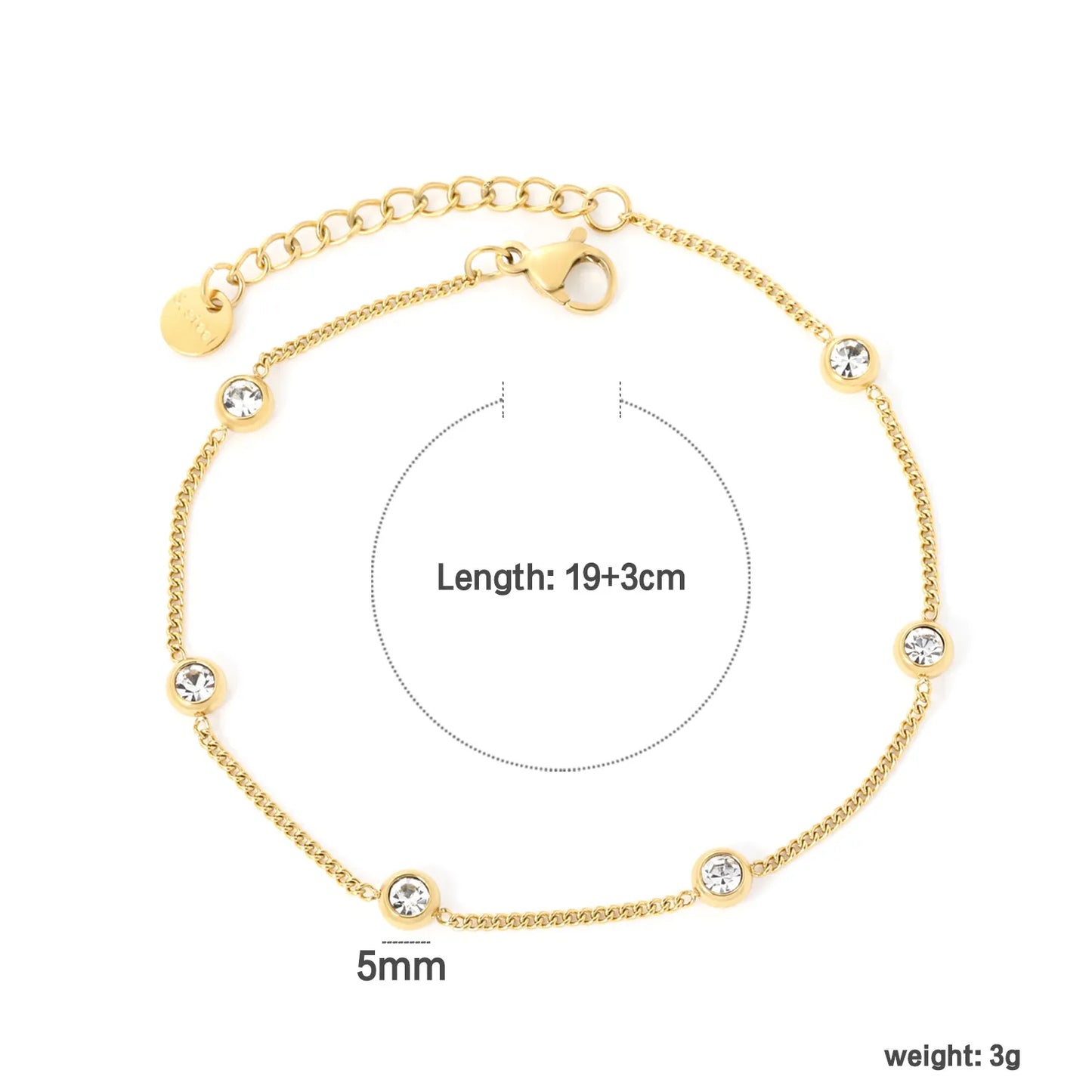 ✨ Wholesale Zircon Bracelet for Women | 7pcs 5mm White Zirconia Stones | Gold Plated Stainless Steel Chain 19+3cm | Minimalist Sparkle Jewelry