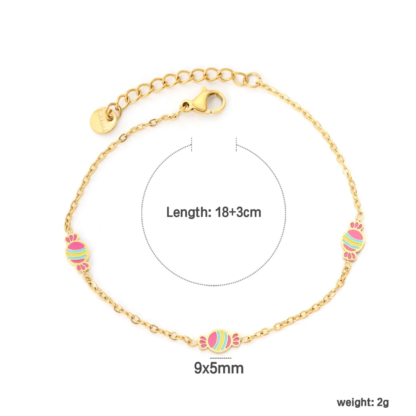 ✨🍬 Wholesale Candy Theme Bracelet | three 9x5mm Candy Charm Design | Gold Plated Stainless Steel Chain 18+3cm | Playful Colorful Jewelry