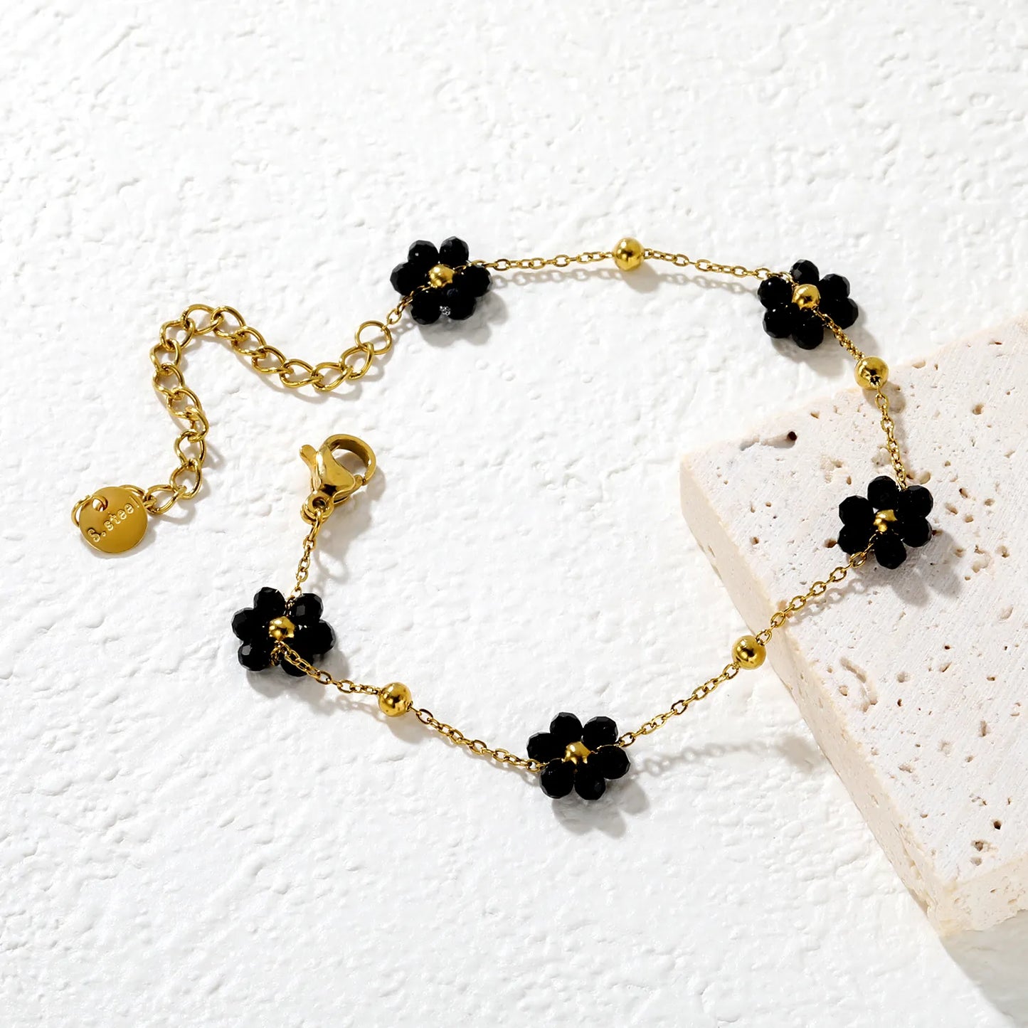 ✨🌸 Wholesale PVD 18k Gold Flower Zircon Bead Bracelet | 8x8.6mm Black & Colorful Stones, Gold & Steel