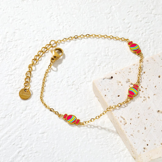 ✨🍬 Wholesale Candy Theme Bracelet | three 9x5mm Candy Charm Design | Gold Plated Stainless Steel Chain 18+3cm | Playful Colorful Jewelry