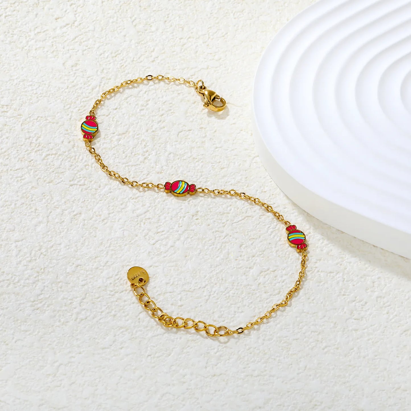 ✨🍬 Wholesale Candy Theme Bracelet | three 9x5mm Candy Charm Design | Gold Plated Stainless Steel Chain 18+3cm | Playful Colorful Jewelry