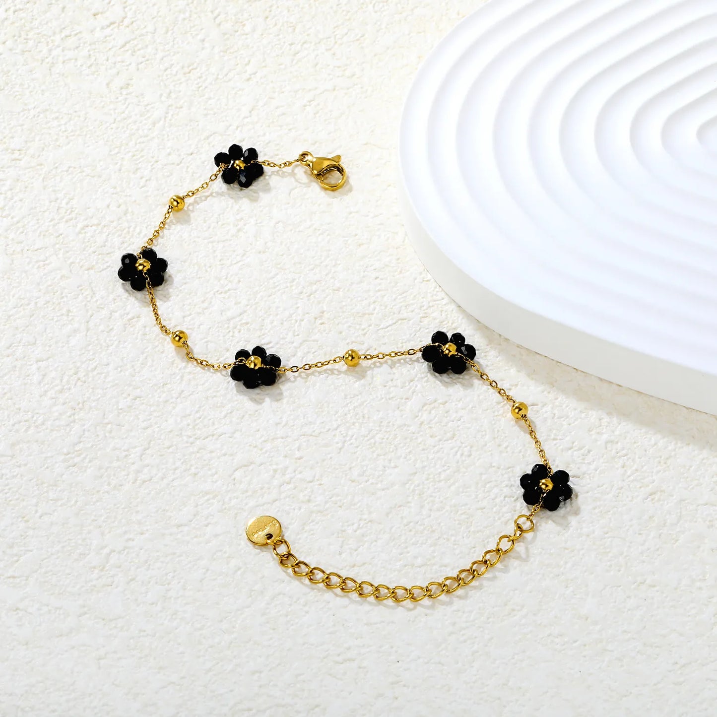✨🌸 Wholesale PVD 18k Gold Flower Zircon Bead Bracelet | 8x8.6mm Black & Colorful Stones, Gold & Steel