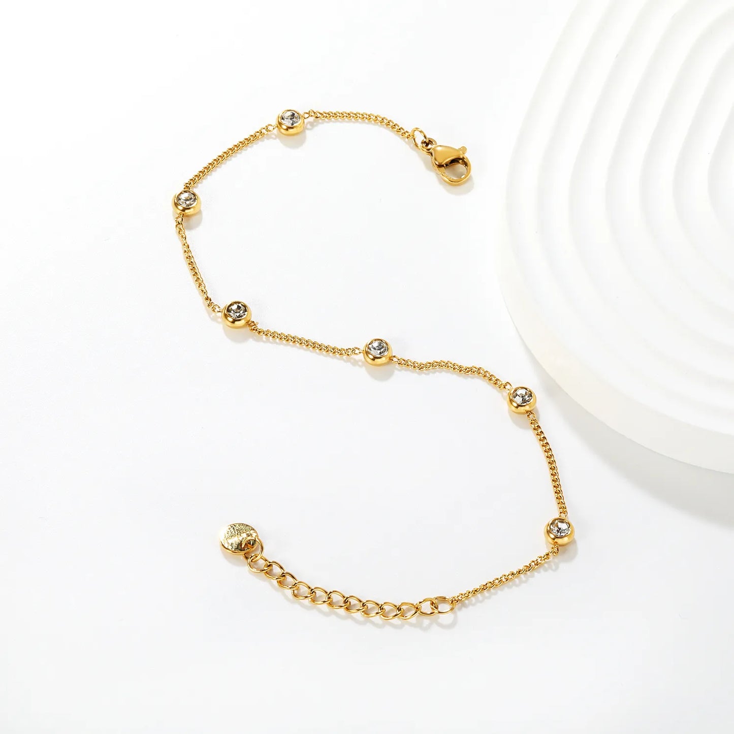 ✨ Wholesale Zircon Bracelet for Women | 7pcs 5mm White Zirconia Stones | Gold Plated Stainless Steel Chain 19+3cm | Minimalist Sparkle Jewelry